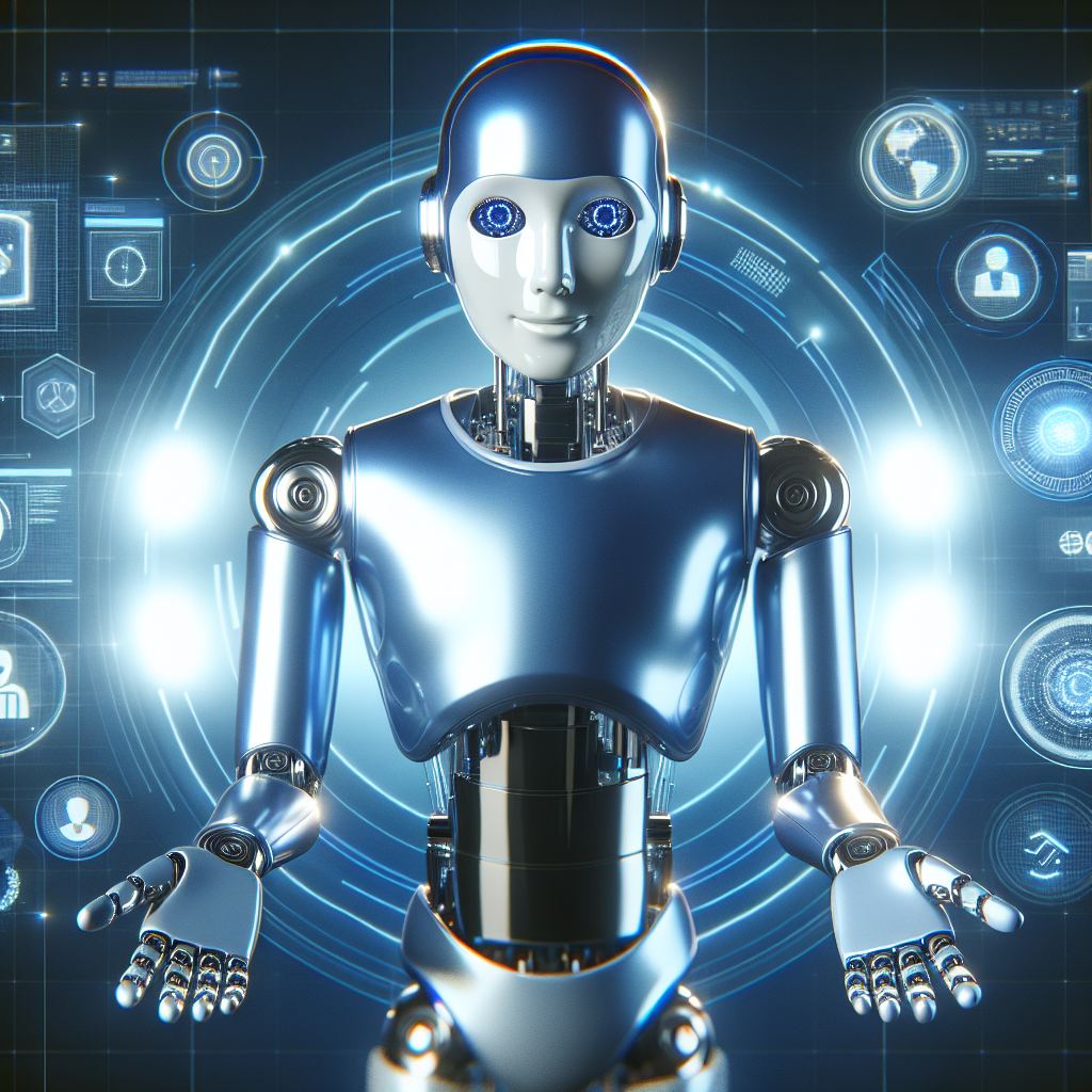 Realistic image of a humanoid AI marketing assistant robot in a modern digital environment, displaying its interaction with advanced technology.