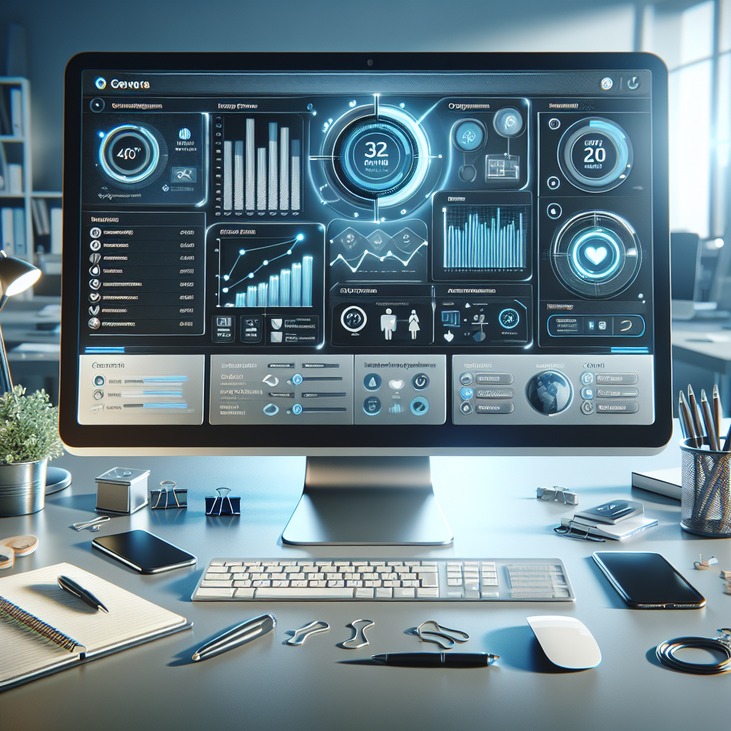 A high-tech CRM software interface on a computer screen at an organized office workspace, representing efficiency and innovation in customer relationship management.