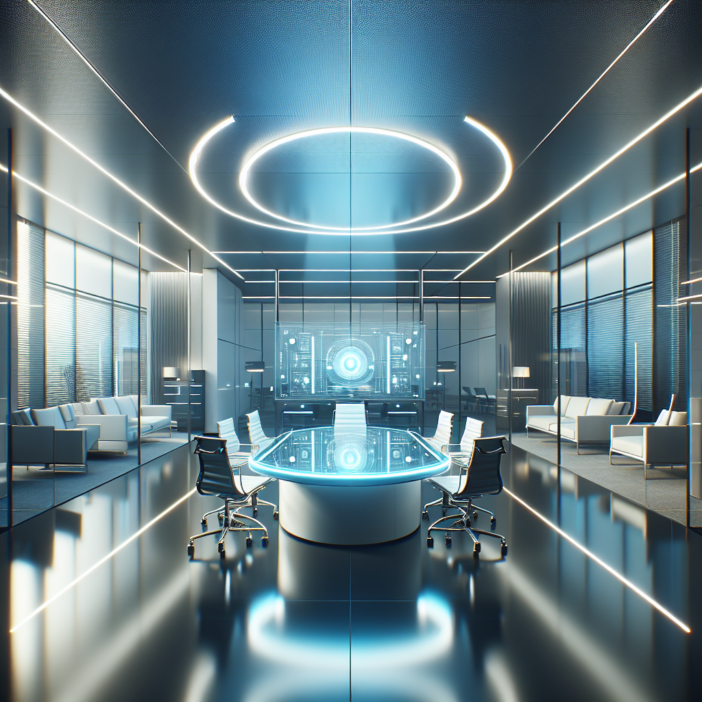 Modern office with a glass table reflecting a high-tech virtual CRM interface in a minimalist and sophisticated style.