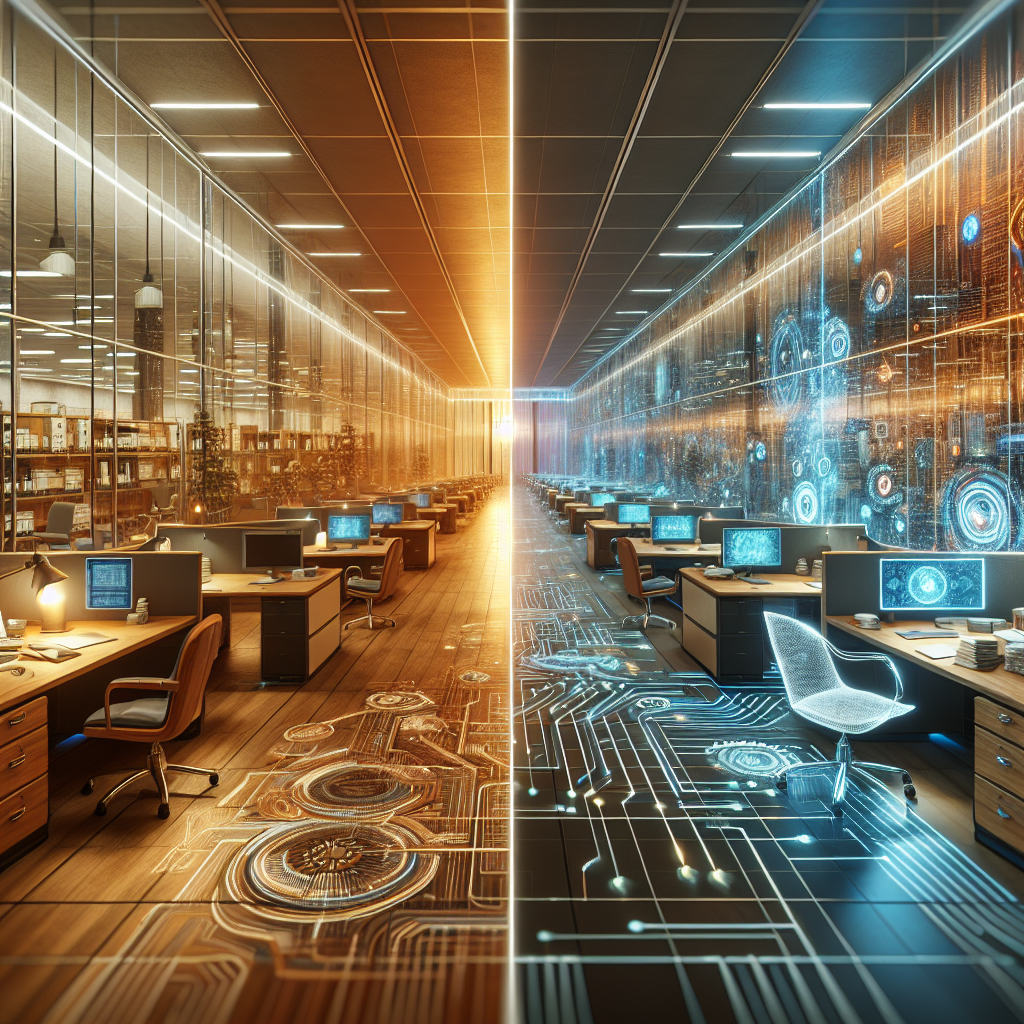 A digitally rendered landscape transitioning from a traditional office setting into a futuristic, AI-enhanced environment, symbolizing the growth and innovation in business.