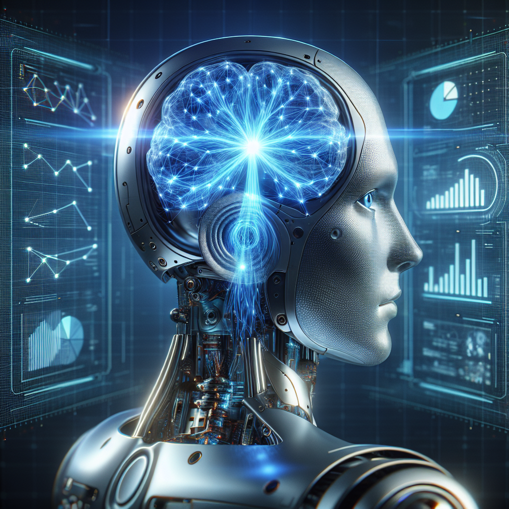 Futuristic AI robot head with neural network brain and holographic analytics, symbolizing business growth through AI.