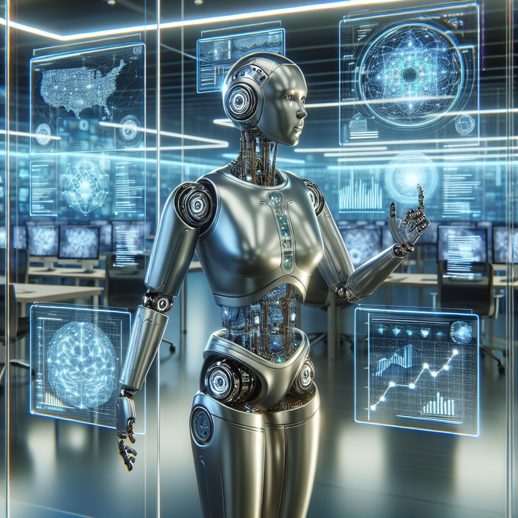 A humanoid robot in a modern corporate setting using advanced AI technology and interacting with holographic data displays, representing AI's role in business growth.