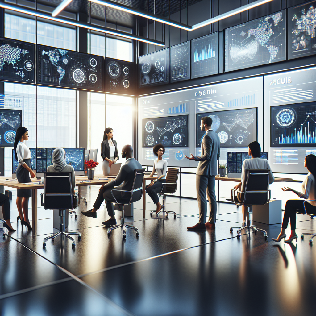 A modern office with marketing team discussing AI-driven marketing strategies displayed on sophisticated computer screens.