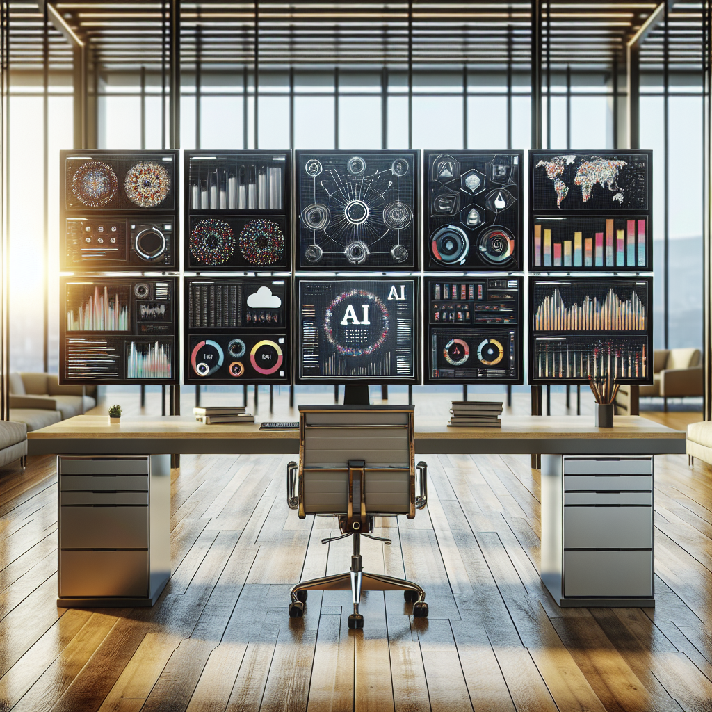 A realistic depiction of a high-tech workstation showcasing AI marketing automation with multiple screens displaying analytics and data.