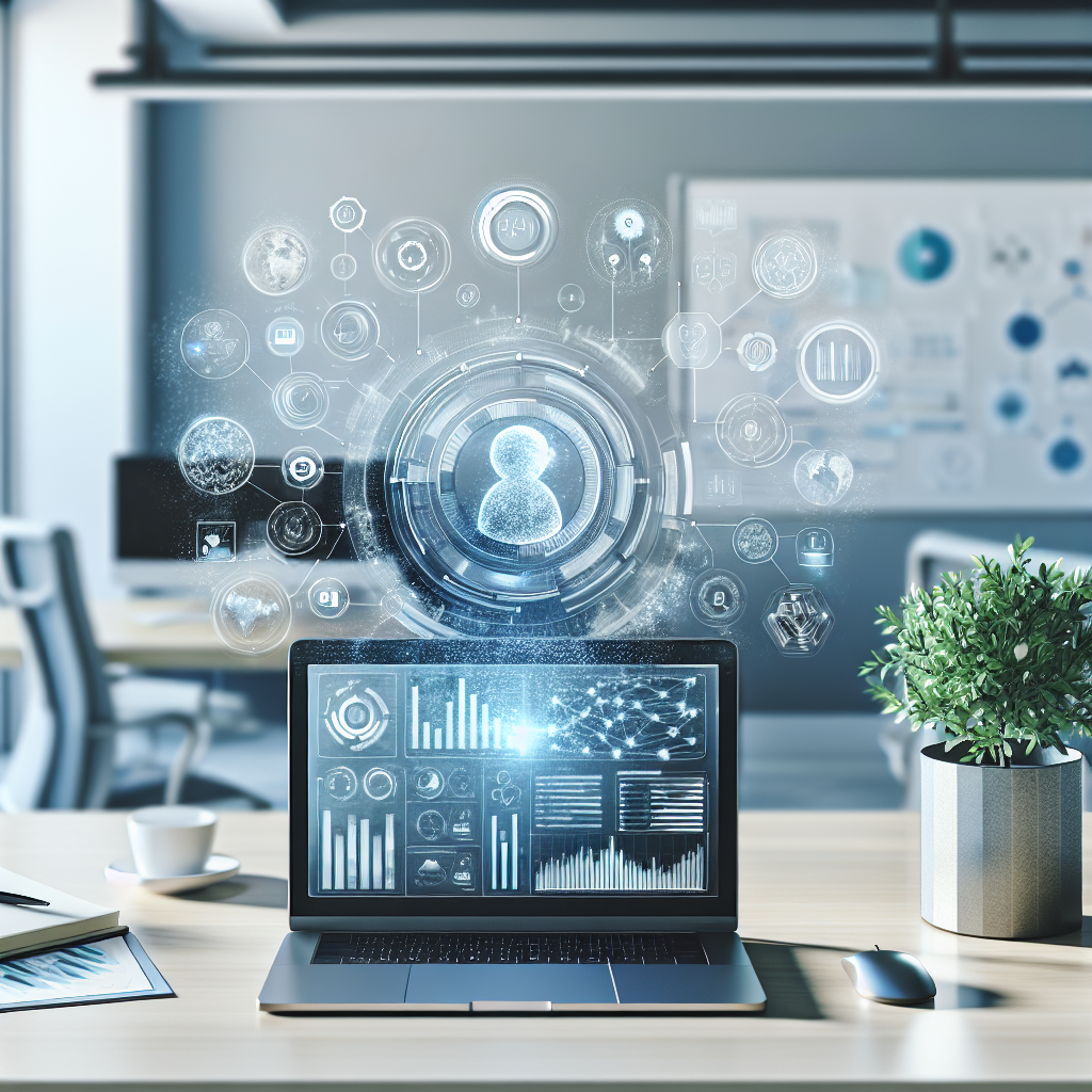A realistic depiction of AI marketing automation in a modern office with a laptop displaying an AI dashboard.
