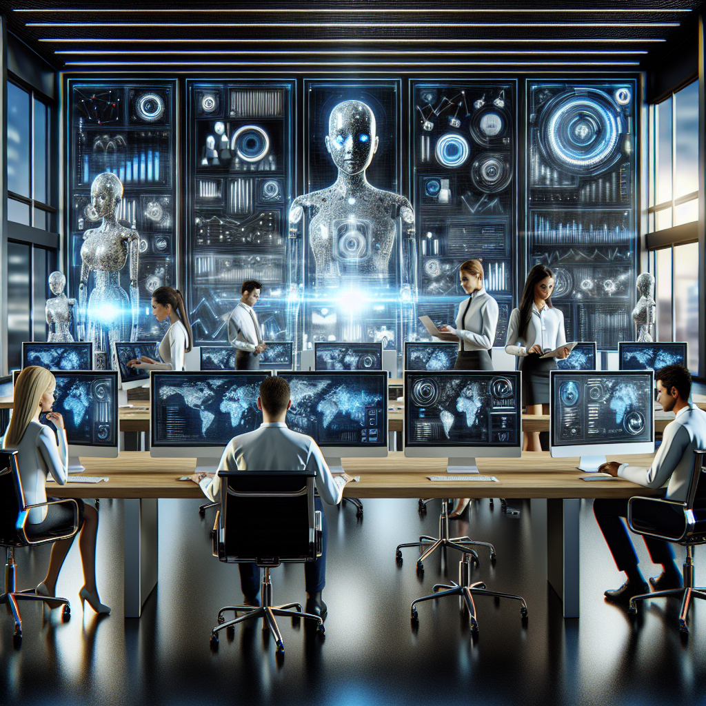 A realistic depiction of a modern office with marketing professionals using AI marketing automation tools.