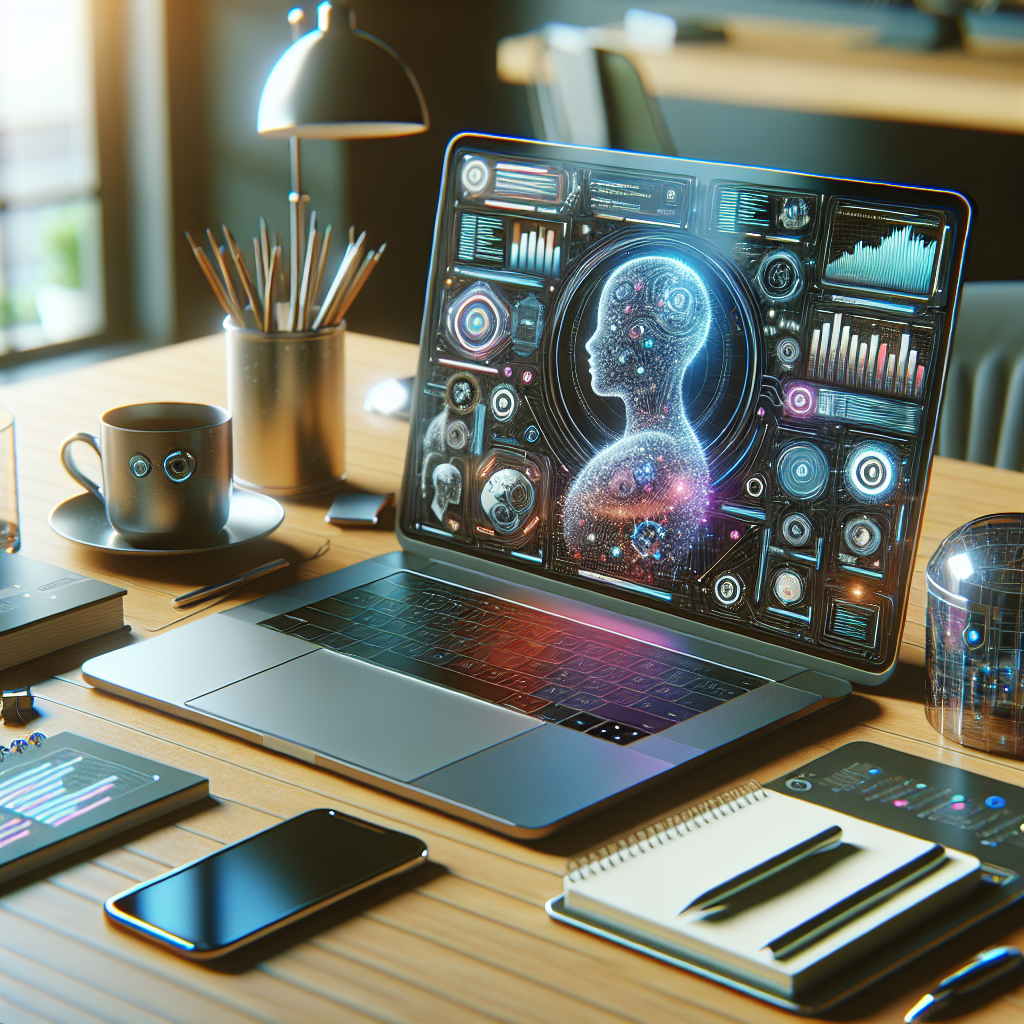 Top AI Content Marketing Tools You Need to Know About 1 A modern workspace featuring AI content marketing tools on a sleek laptop.