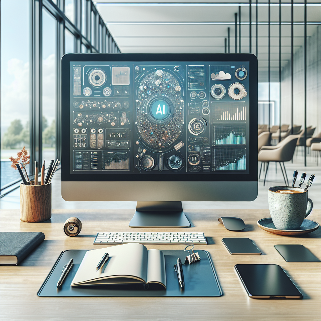 Top AI Content Marketing Tools You Need to Know About 2 A modern office desk with a computer showing AI content marketing tools, surrounded by office supplies and natural lighting.