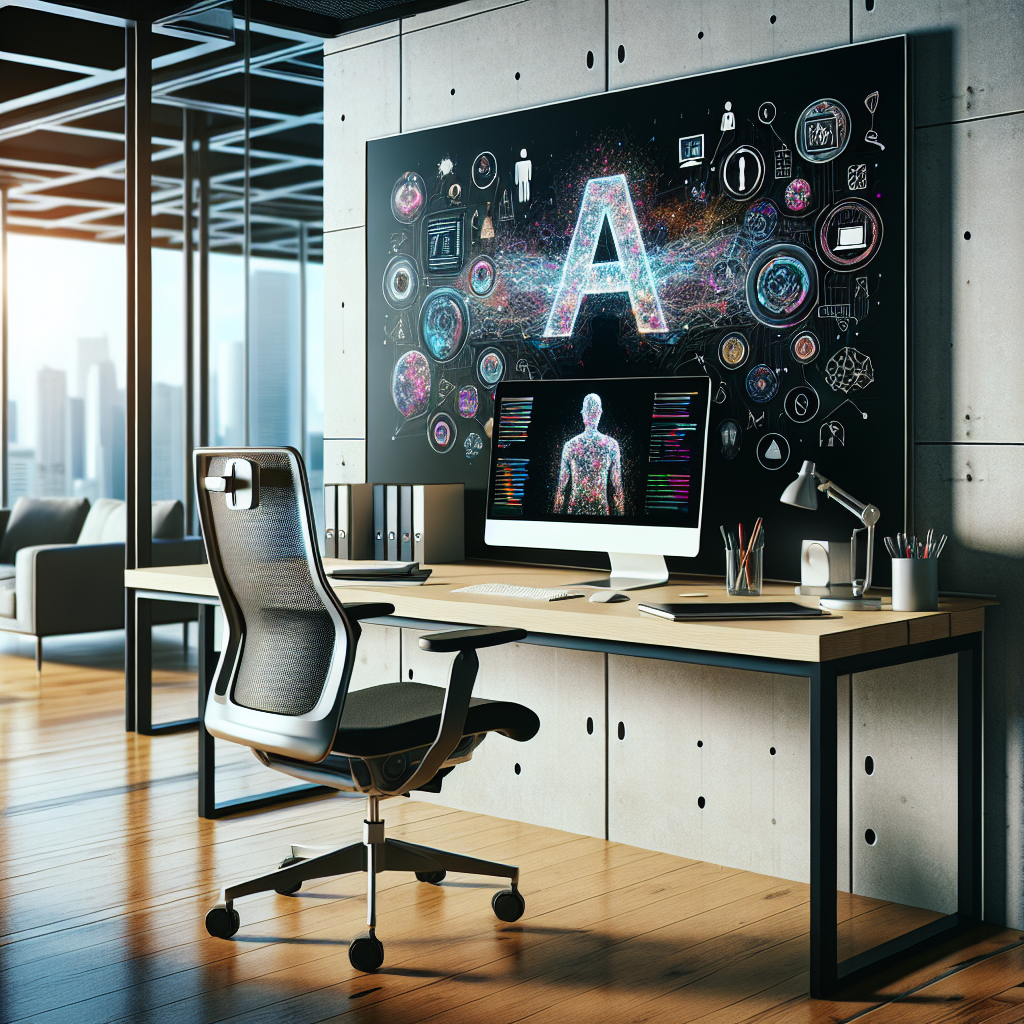 Top AI Content Marketing Tools You Need to Know About 3 A modern office workspace with a computer screen displaying various AI content marketing tools.