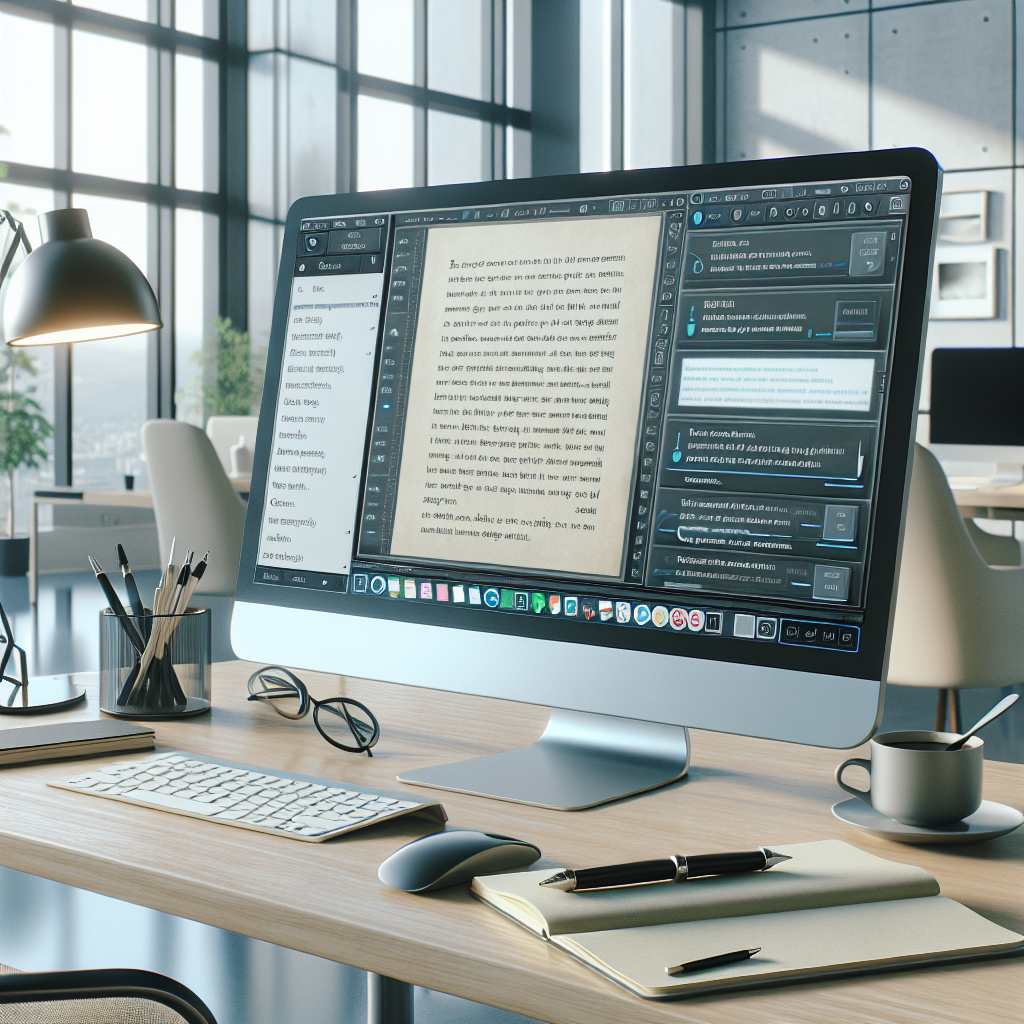 Modern office workspace with a computer displaying AI copy editing software.