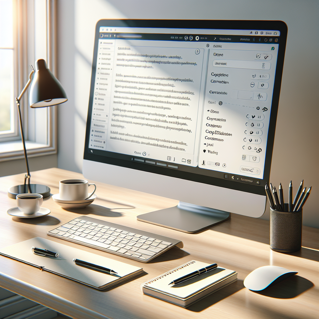 Modern office desk with a computer displaying AI copy editing software interface.