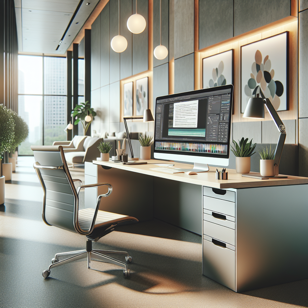 Modern office with AI copy editing software on computer screen.