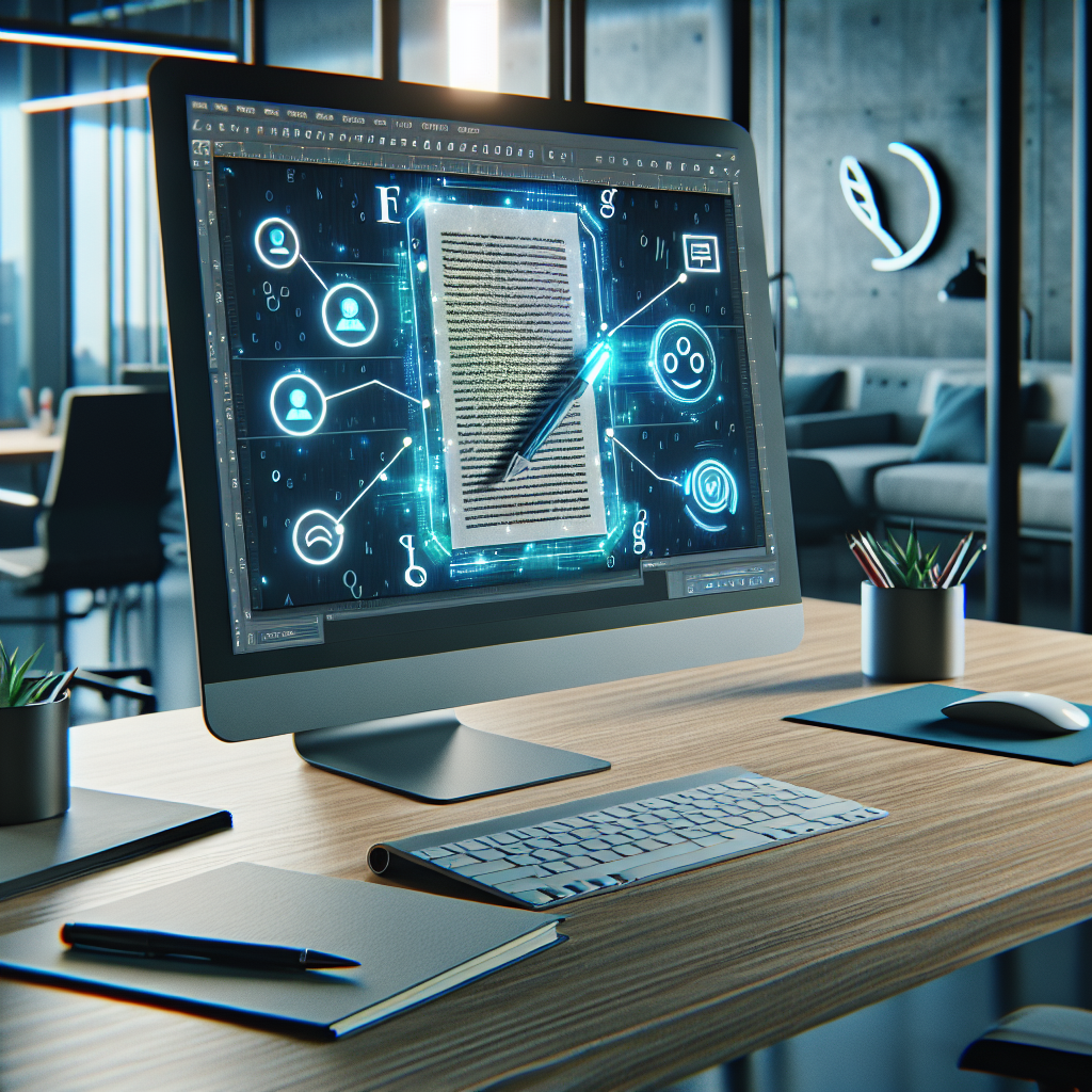AI copy editing software displaying corrections on a computer screen in a modern office setting.