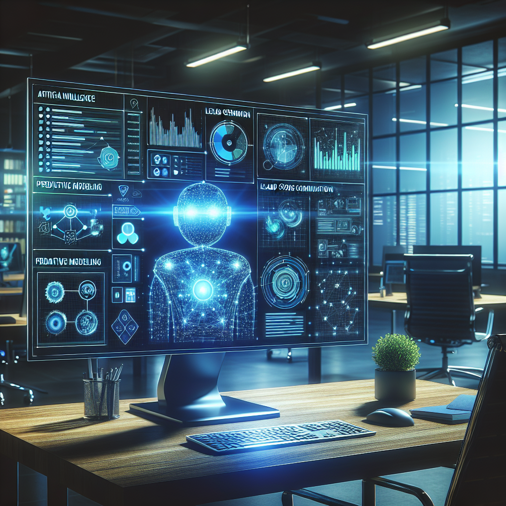 Realistic image of AI-driven lead generation in digital marketing, showing a modern office with a glowing computer screen showcasing data analytics.