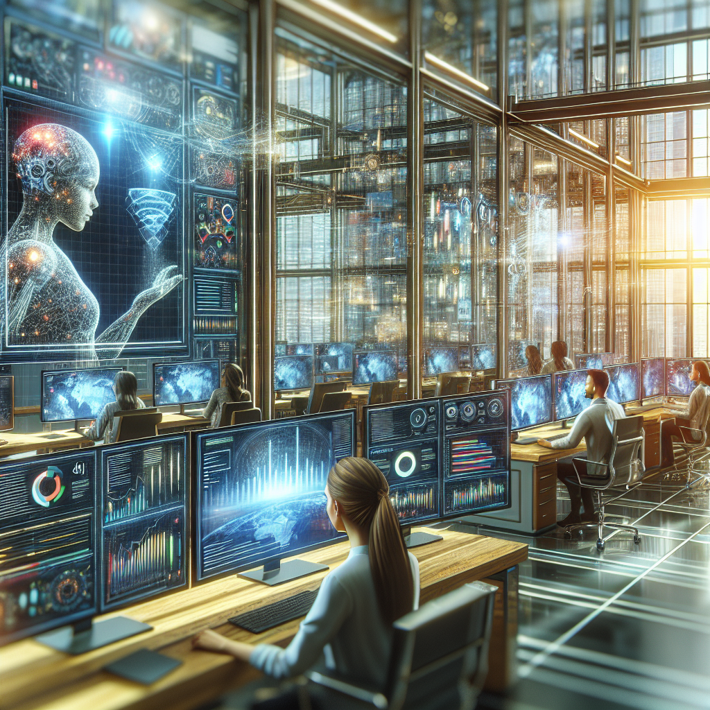 AI-driven lead generation in a modern office setting with diverse team analyzing data.