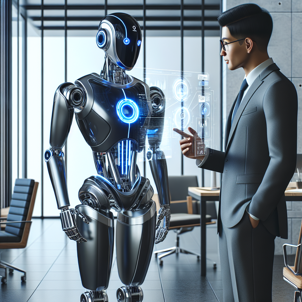 Top AI Marketing Assistant Features You Need to Know 2 A businessman interacting with a sleek AI assistant robot in a modern office.