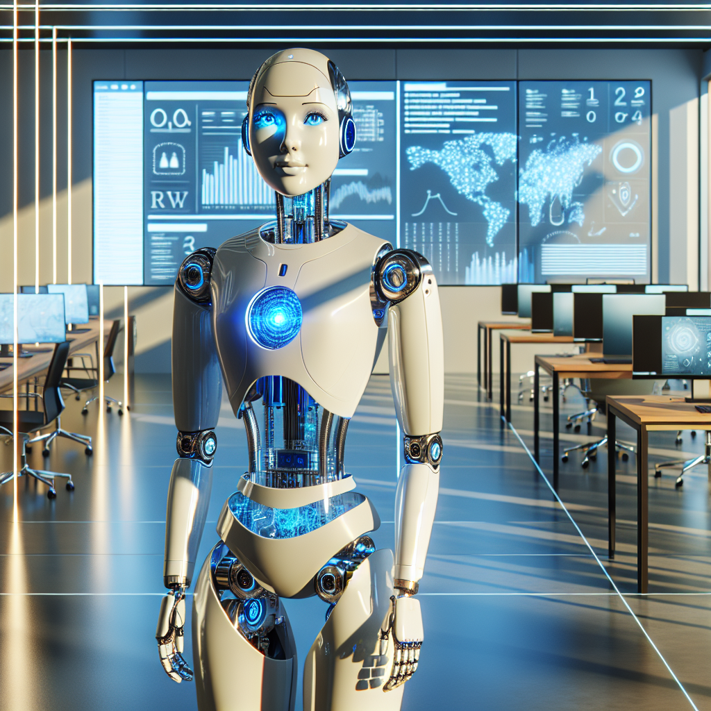 Top AI Marketing Assistant Features You Need to Know 3 A realistic depiction of an AI marketing assistant in a modern, high-tech office.