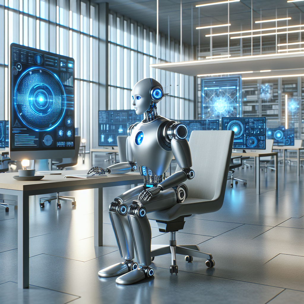 Top AI Marketing Assistant Features You Need to Know 4 AI marketing assistant robot working on a computer in a modern office setting.