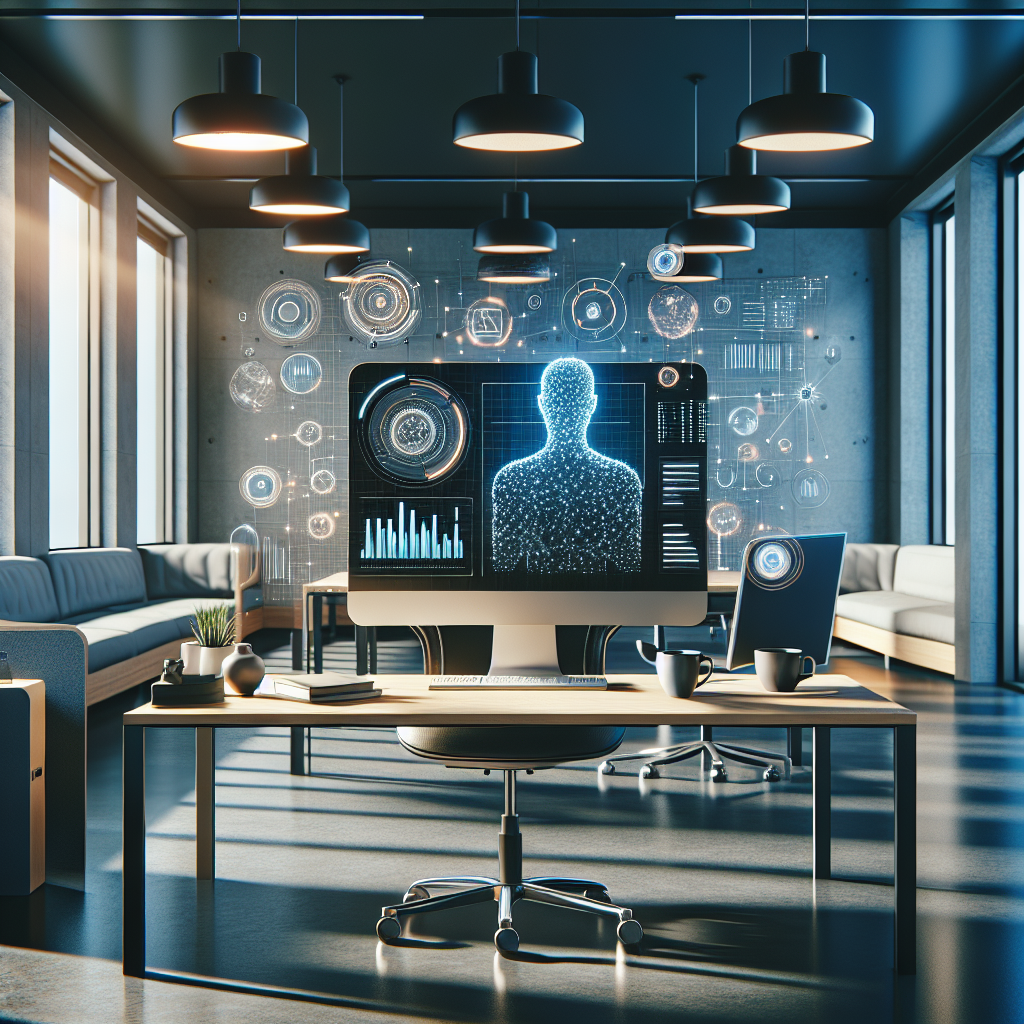 Top AI Marketing Automation Tools You Need to Know! 1 A realistic office scene illustrating AI marketing automation tools with a computer displaying complex data visualizations.