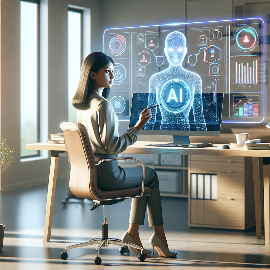 Top AI Marketing Automation Tools You Need to Know! 4 A modern office showing AI marketing tools with holographic interfaces and a person interacting with them.