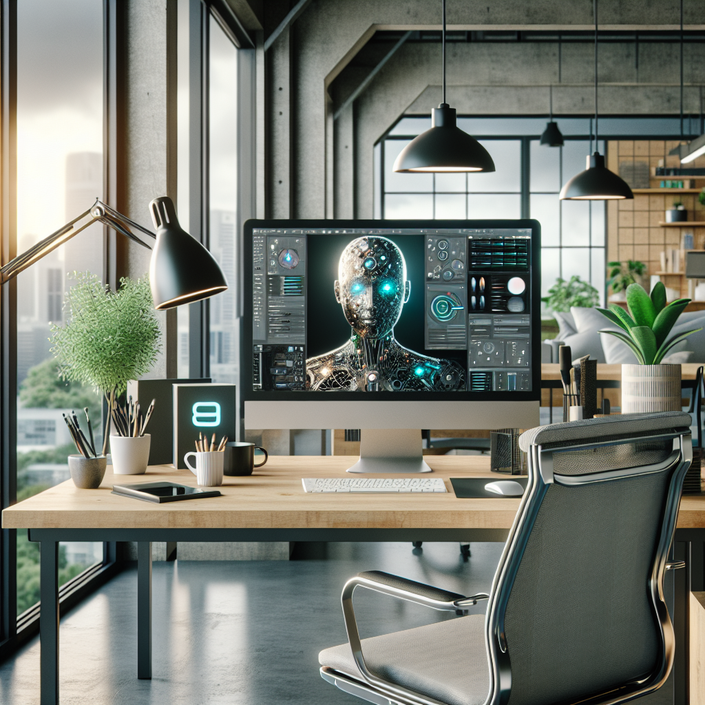 Modern office workspace with AI-powered tools on a desk.