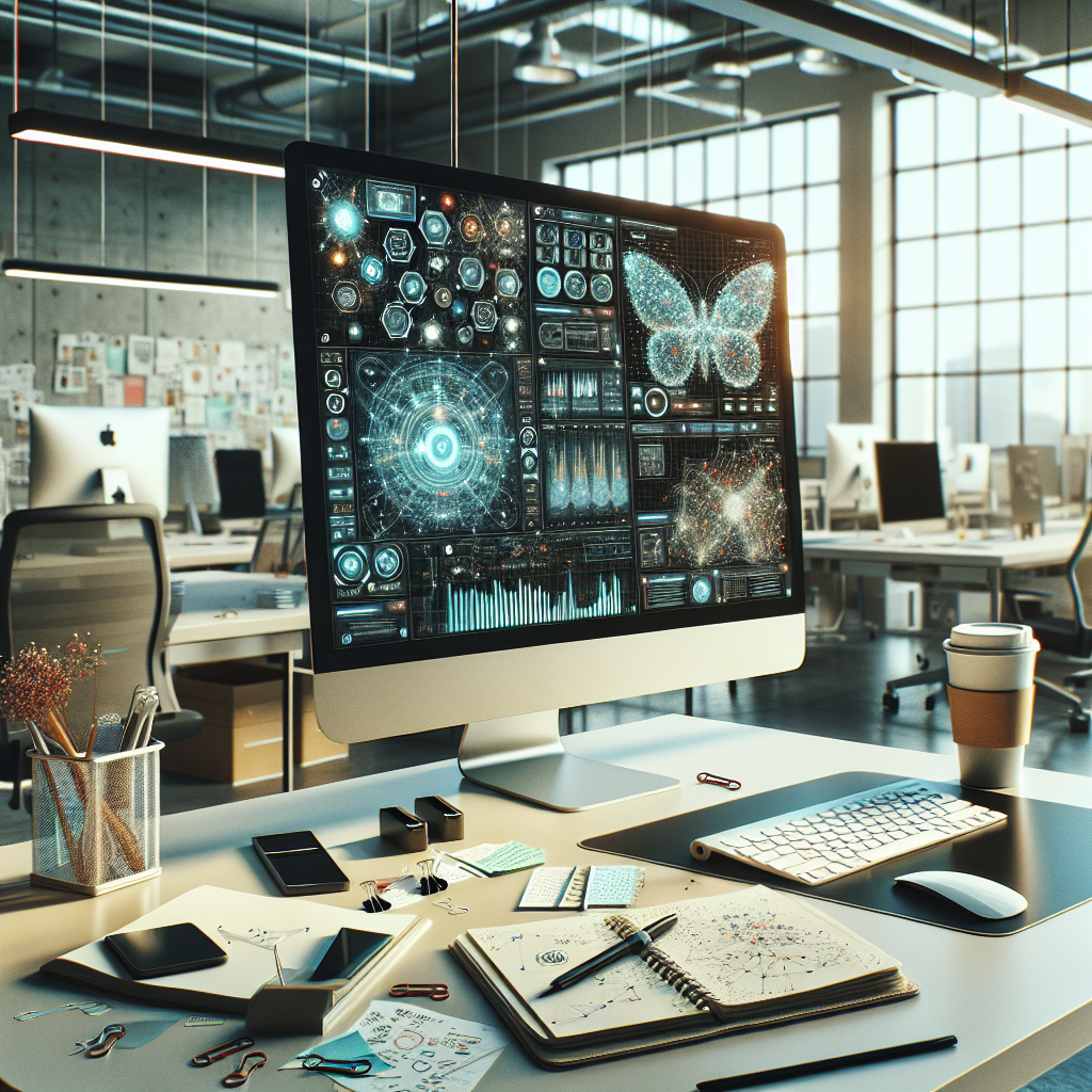 A modern office workspace with a computer showing AI-driven content creation tools.