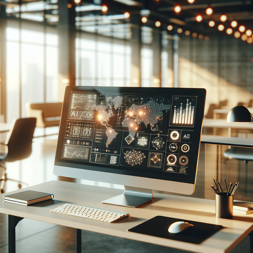 A modern office workspace with a computer displaying AI algorithms and data charts, illuminated by warm lighting.