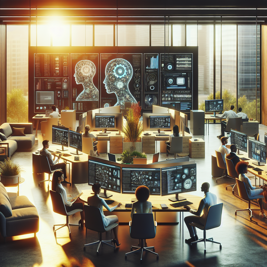A modern office with professionals using AI-powered content creation tools on sleek computers.