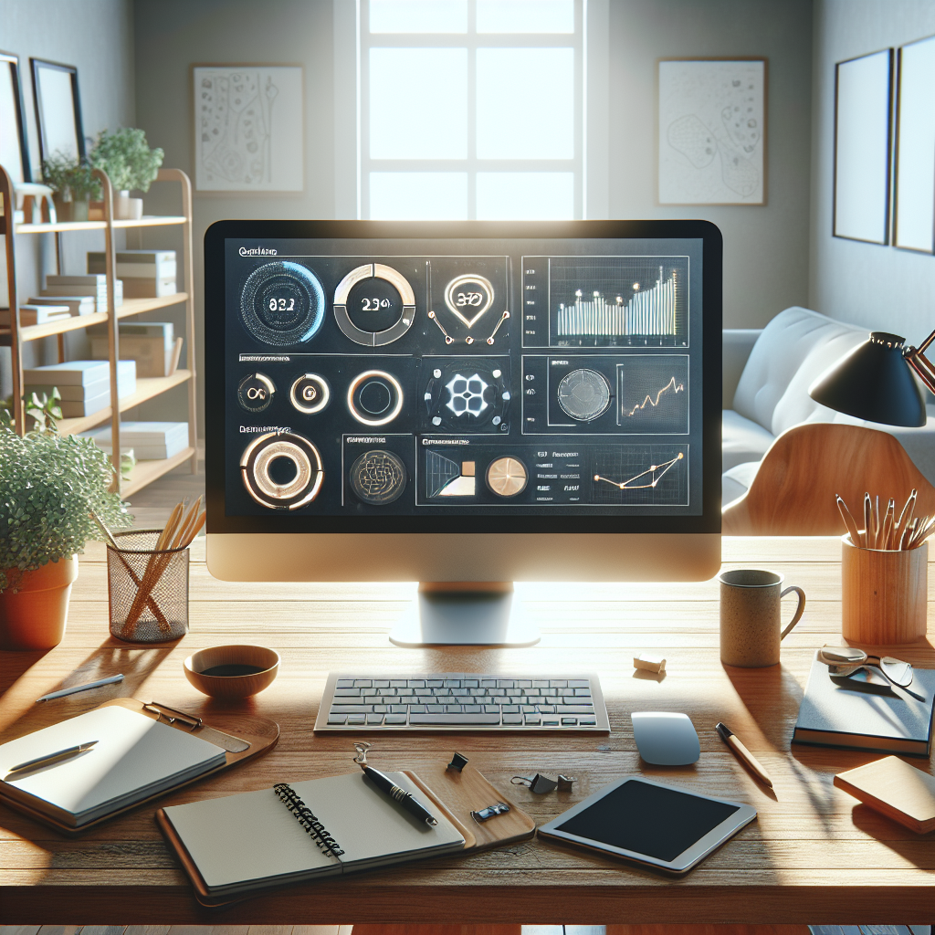 A modern workspace setup focused on email marketing strategy with a computer displaying an email marketing dashboard, surrounded by desk items like a notepad, coffee mug, and potted plant.