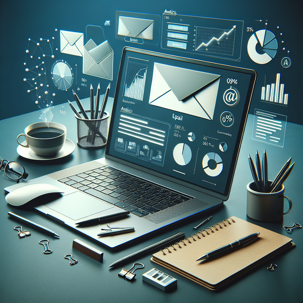 Conceptual image of email marketing terminology with a laptop, charts, and marketing icons.