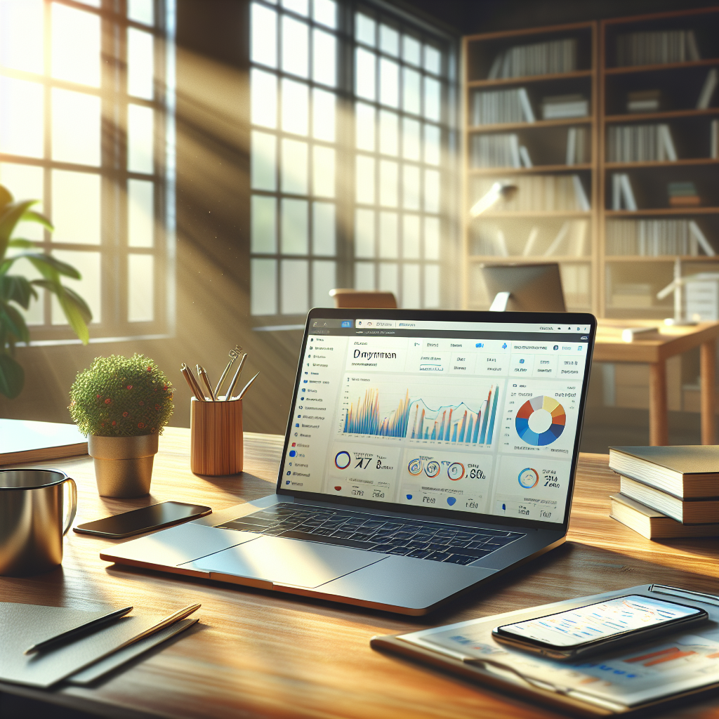 A realistic scene of a desk with a laptop showing an email marketing dashboard, surrounded by a smartphone, coffee mug, and papers.