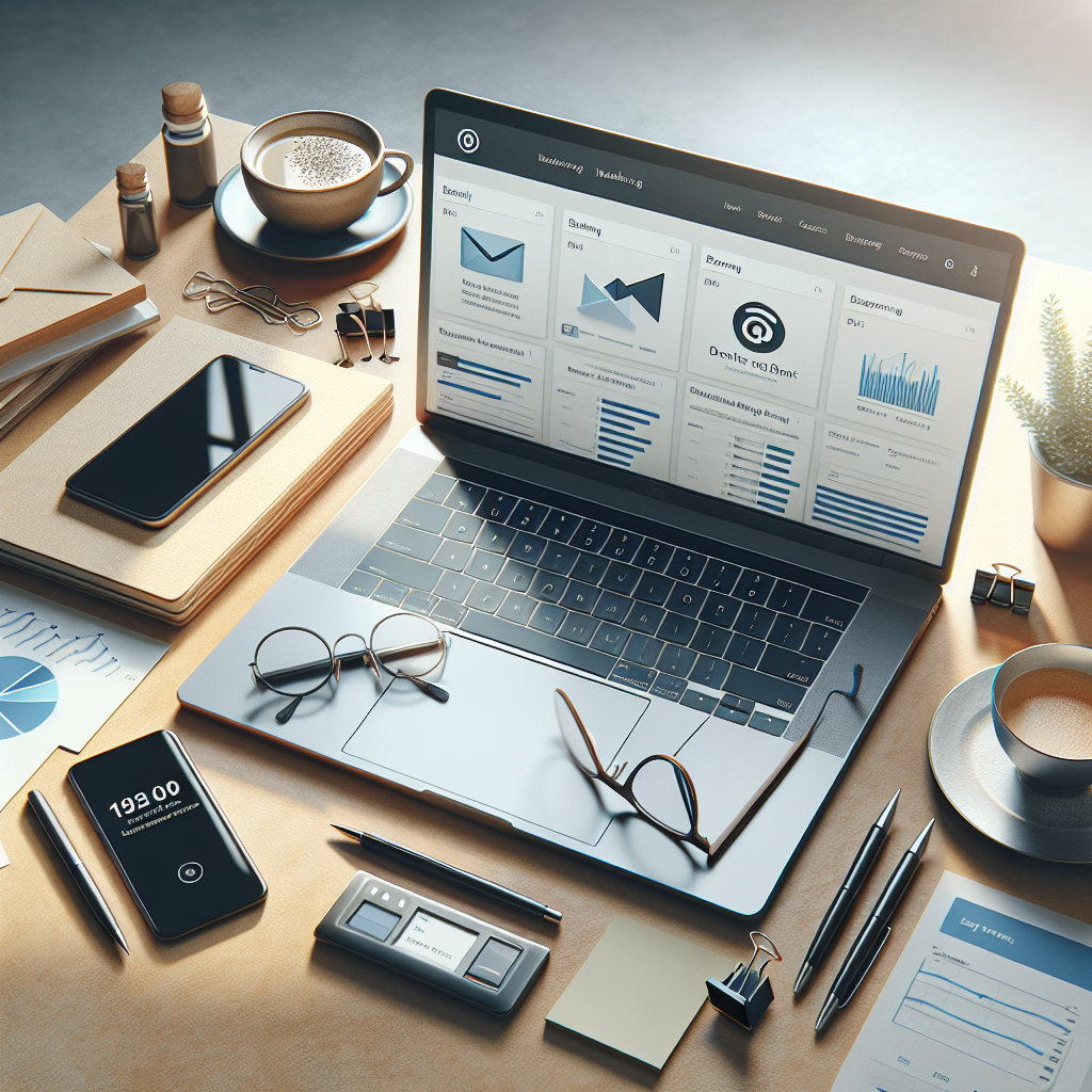 A realistic image of a workspace with elements related to email marketing, including a laptop, smartphone, cup of coffee, and paper notes.