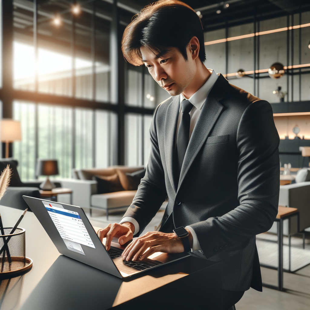 Business professional creating an email in a modern office setting, illustrating B2B email marketing.