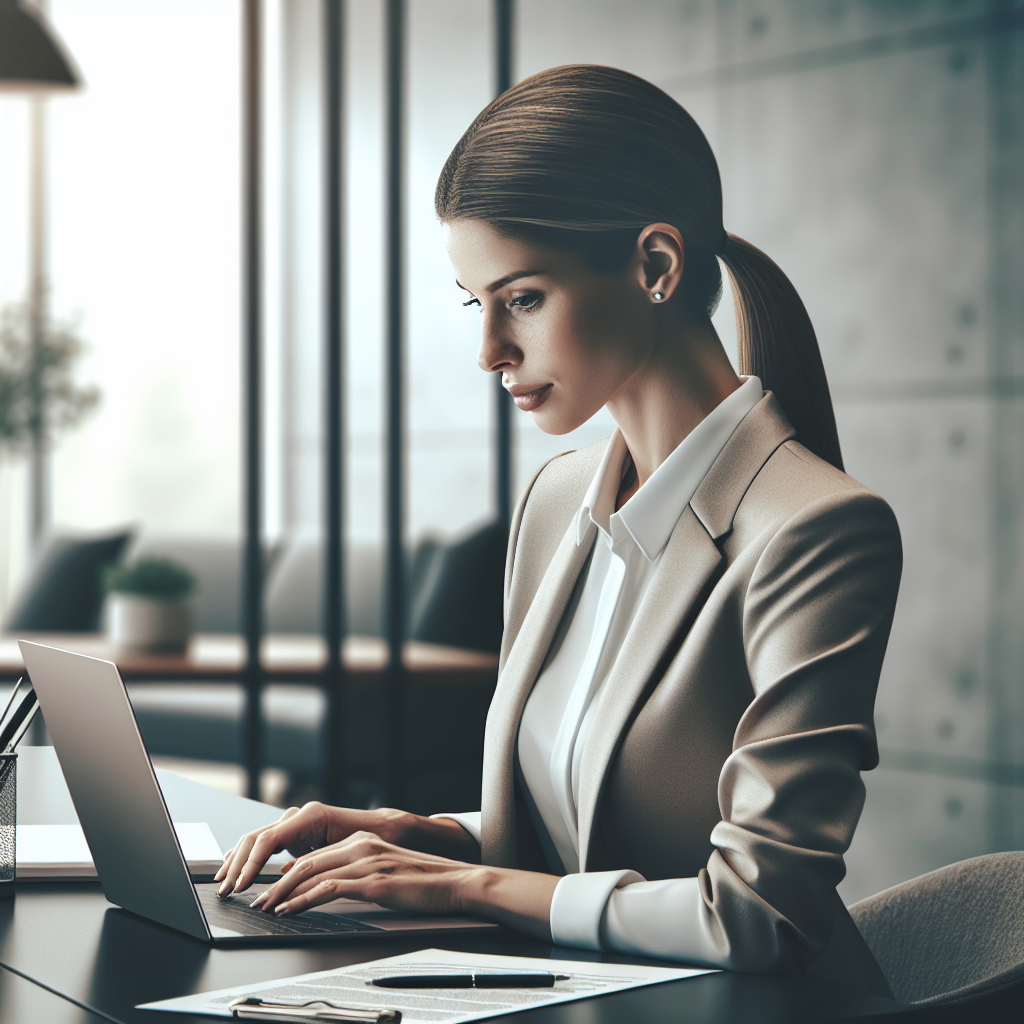 A business professional reading an email on a laptop in a modern office setting.
