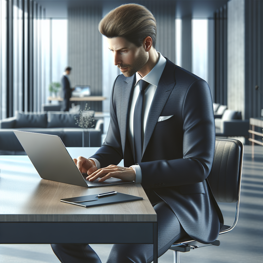 A businessperson drafting an email at a modern office desk, representing B2B email marketing.