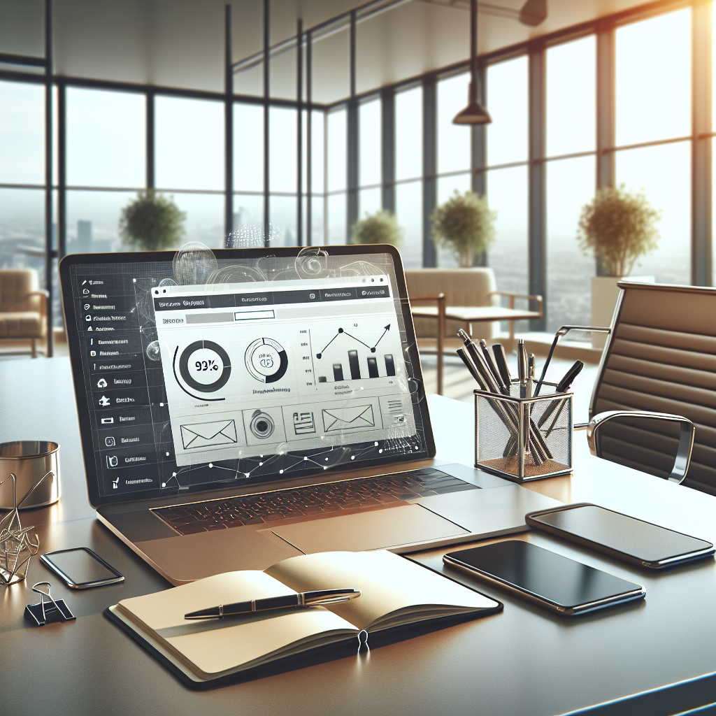 Best Email Marketing Service for Large Lists: Top Picks 3 A modern office workspace with a laptop showing an email marketing dashboard, surrounded by office supplies.