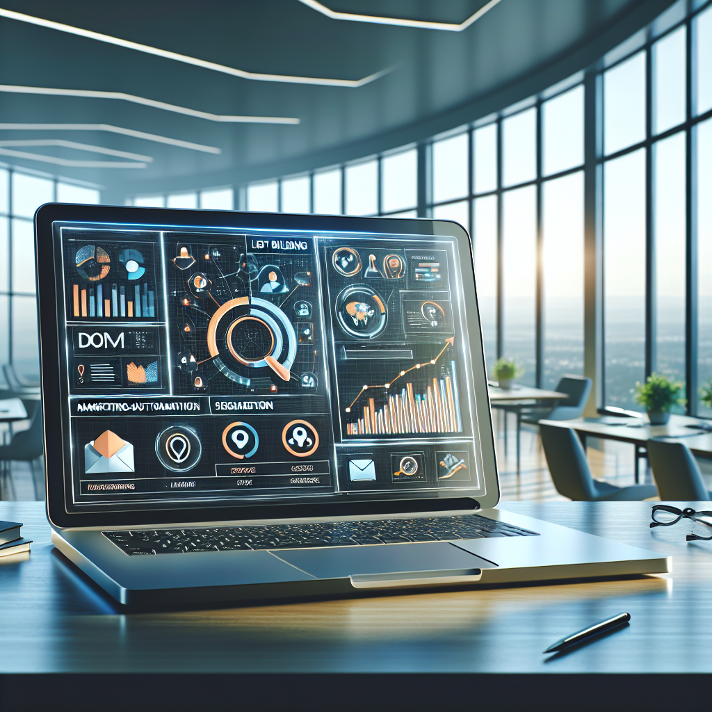 A modern workspace showcasing email marketing essentials on a laptop screen in a professional office environment.