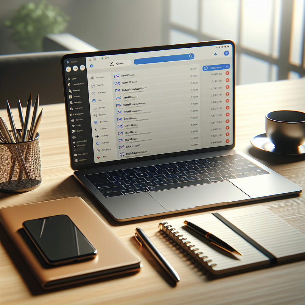 A modern office desk featuring a laptop with an email inbox, a notebook, pen, and smartphone, representing email marketing.