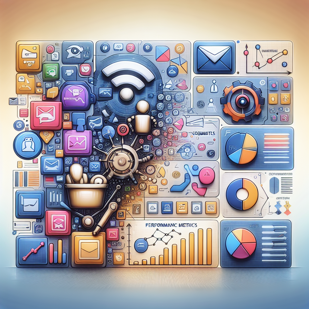 A realistic representation of email marketing essentials with icons for mailing list, segmentation, automation, and performance tracking.