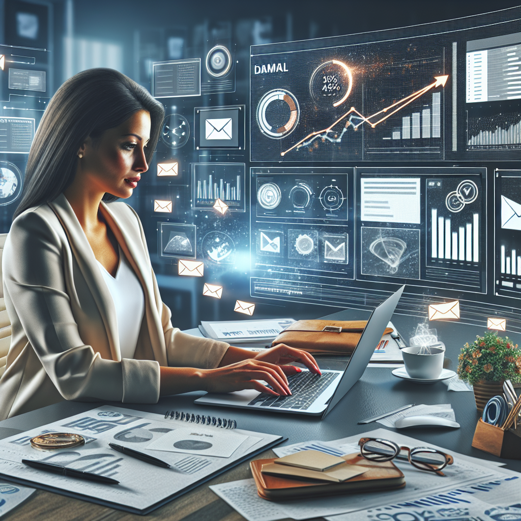 Realistic image of an office setting with a person using a laptop showing email marketing tools.