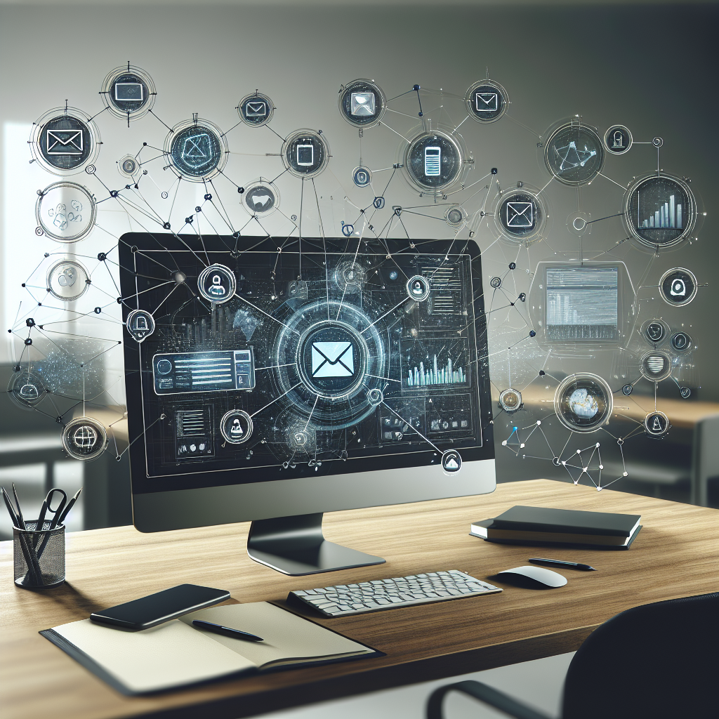 A modern workspace showing an automated email marketing dashboard on a computer.