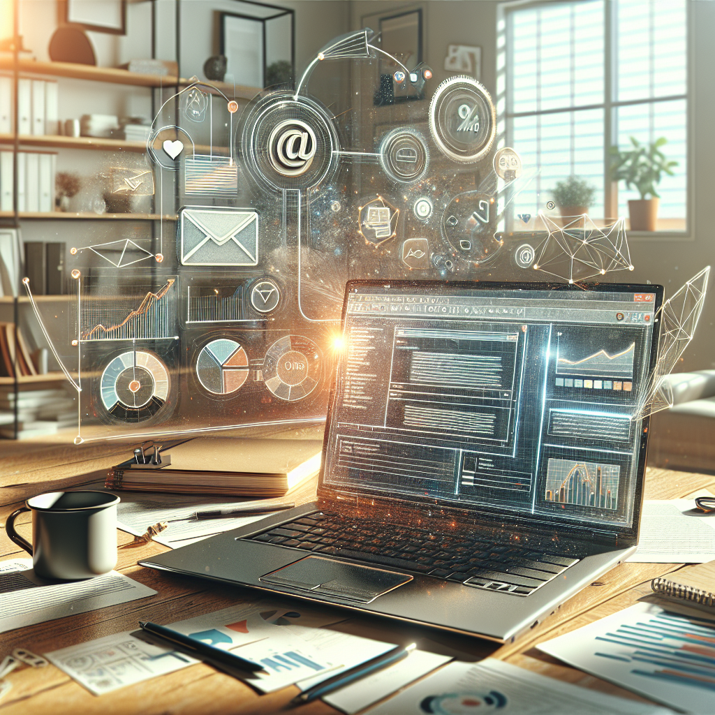 A realistic image of an automated email marketing process in a modern office setting.