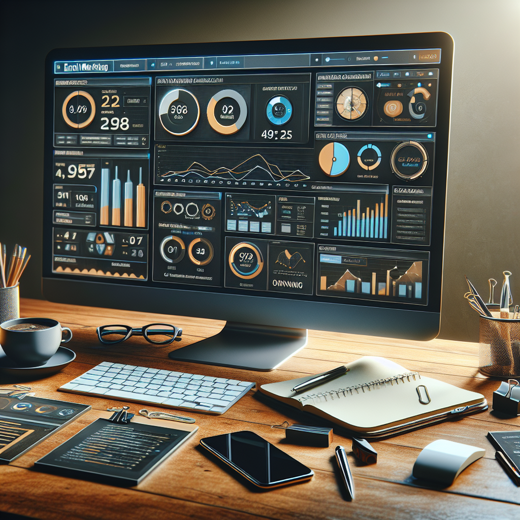 A professional workspace focused on automated email marketing with computer, charts, and productivity tools.