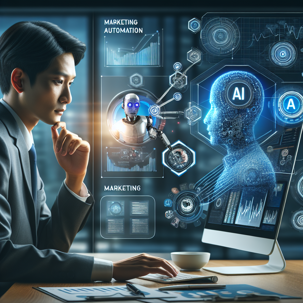 A realistic depiction of AI marketing automation in a professional setting.