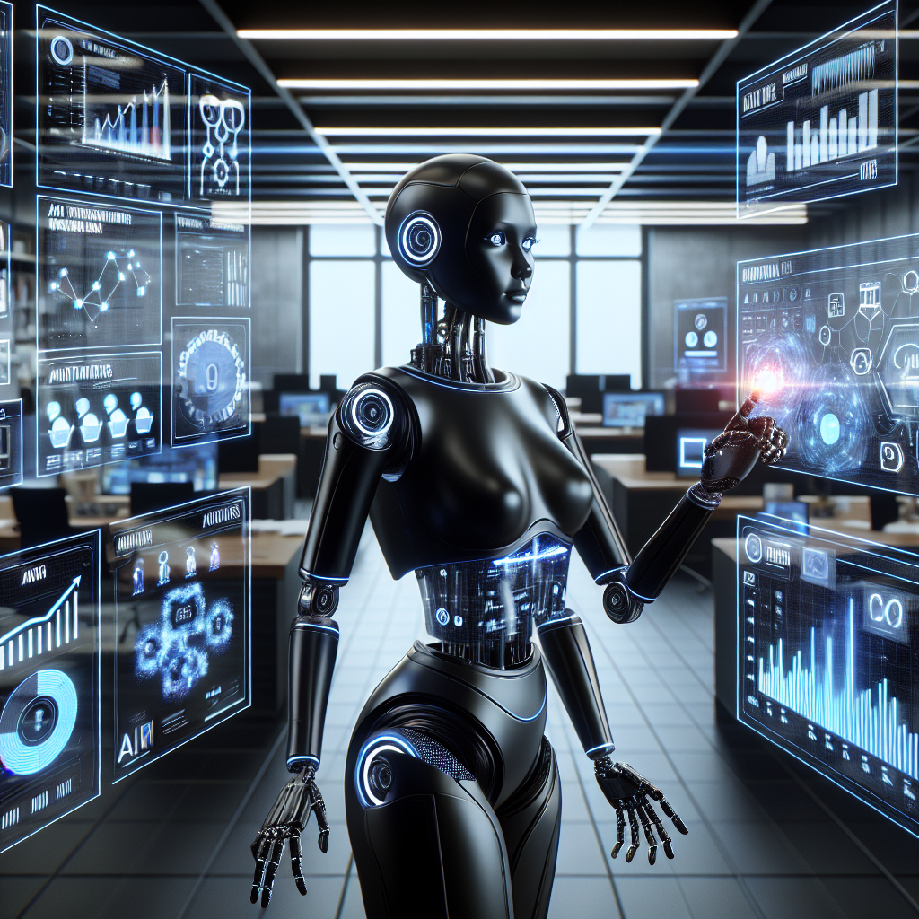 A realistic depiction of AI marketing automation, featuring a human-like AI robot interacting with analytics and digital marketing elements.