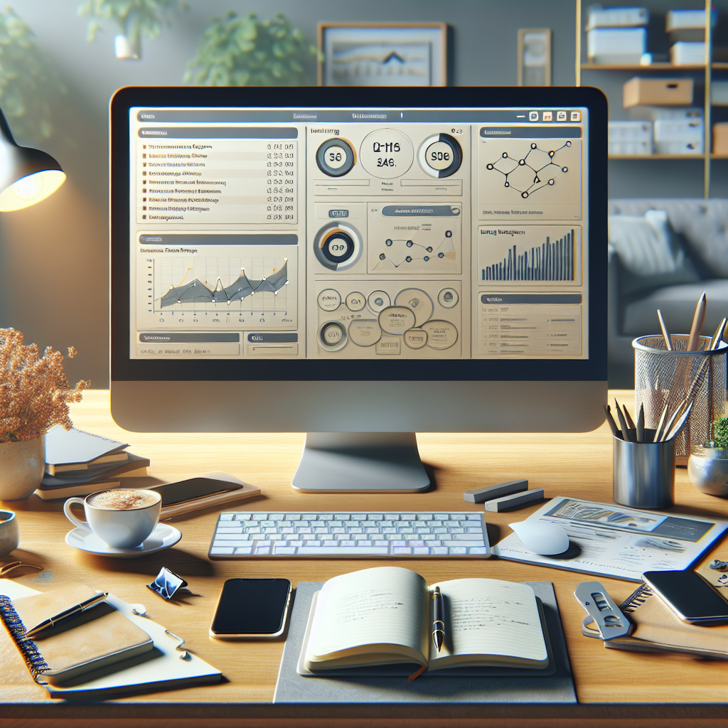 Maximize Your Reach with Email Marketing Automation! 3 A realistic depiction of an email marketing automation dashboard on a computer screen, with gadgets and office items on a desk.