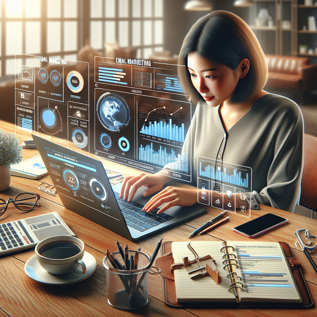 Maximize Your Reach with Email Marketing Automation! 4 A realistic image of email marketing automation with a marketer interacting with a dashboard on a laptop in a modern workspace.