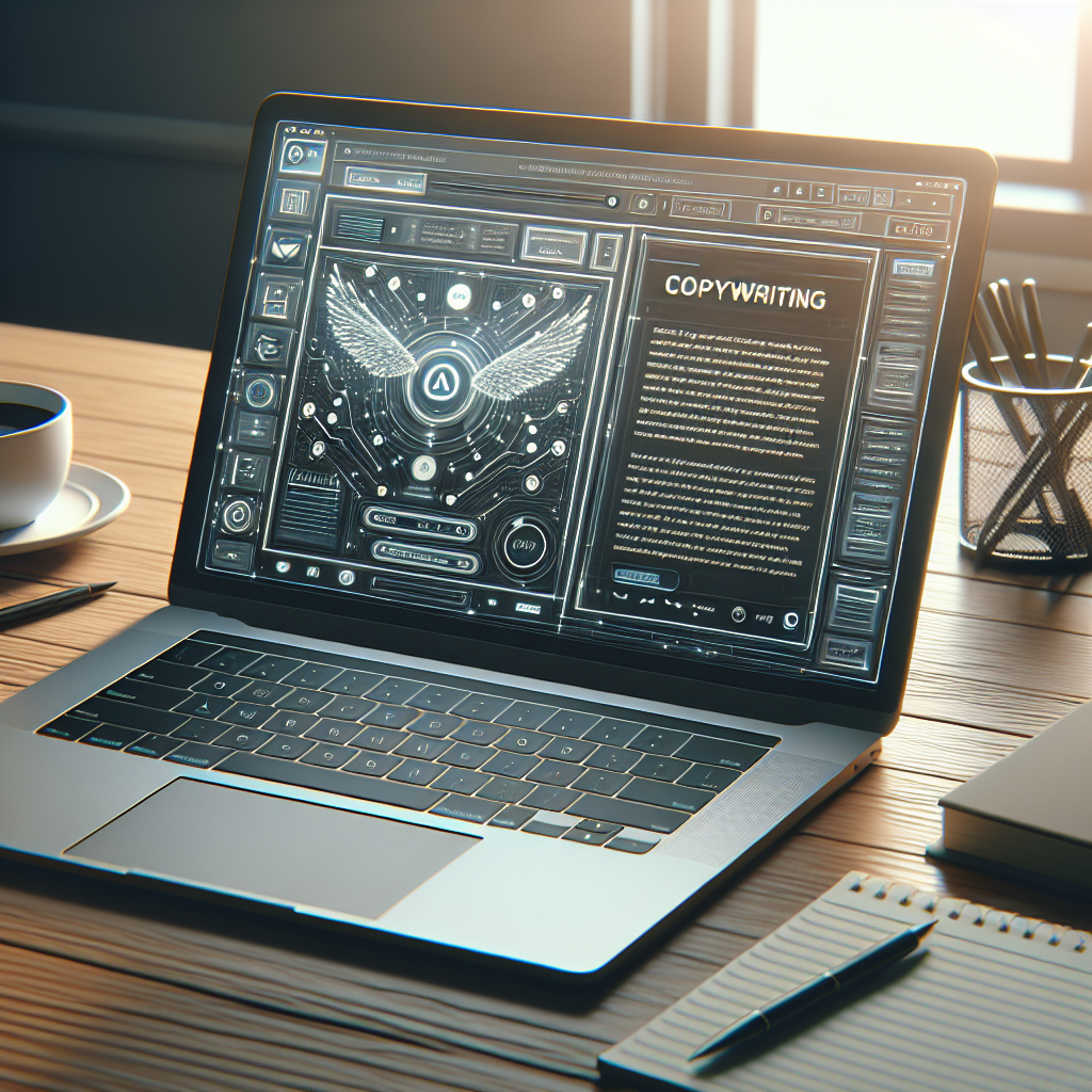 A realistic depiction of a laptop with AI-powered copywriting software on a modern desk.