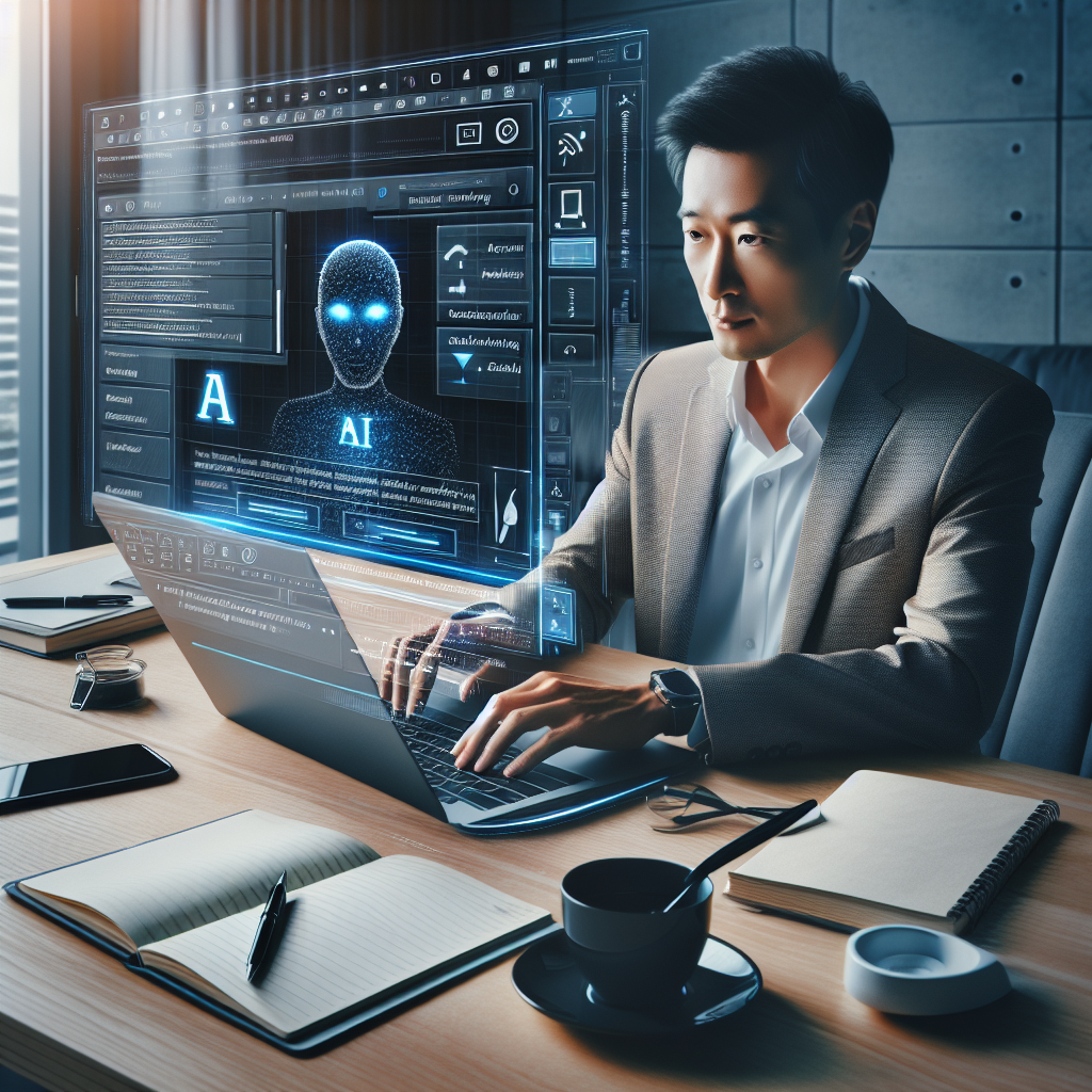 A professional using AI-powered copywriting software on a laptop in a modern workspace.