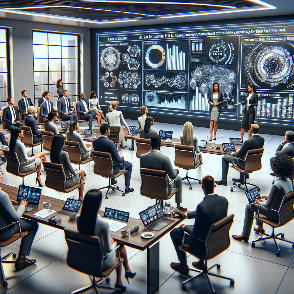 Realistic depiction of AI-driven sales funnels introduction in a modern office setting.